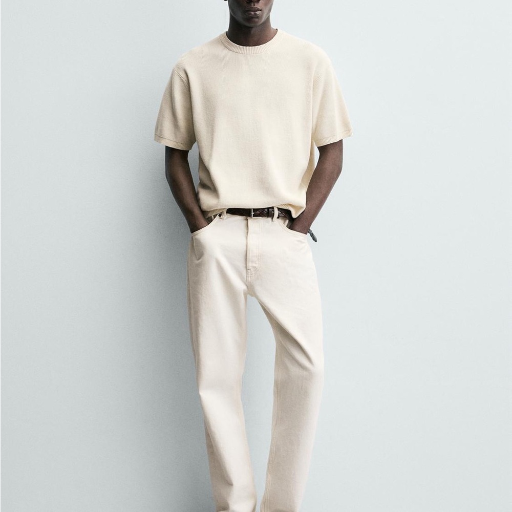 Zara Men's Cream Straight pearl white knit Shirt
